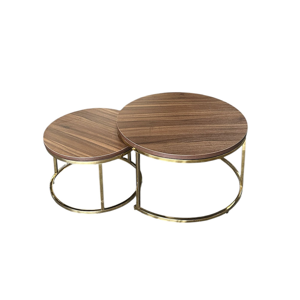 Mesa de Centro Doble Dorada con Cubierta de Madera