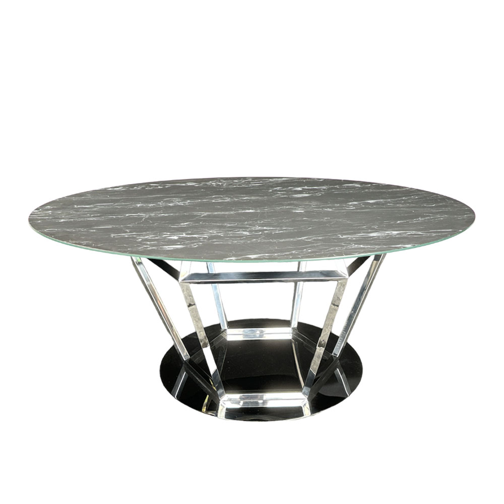 Cubierta circular de cristal negro tipo mármol con base diamante plateada