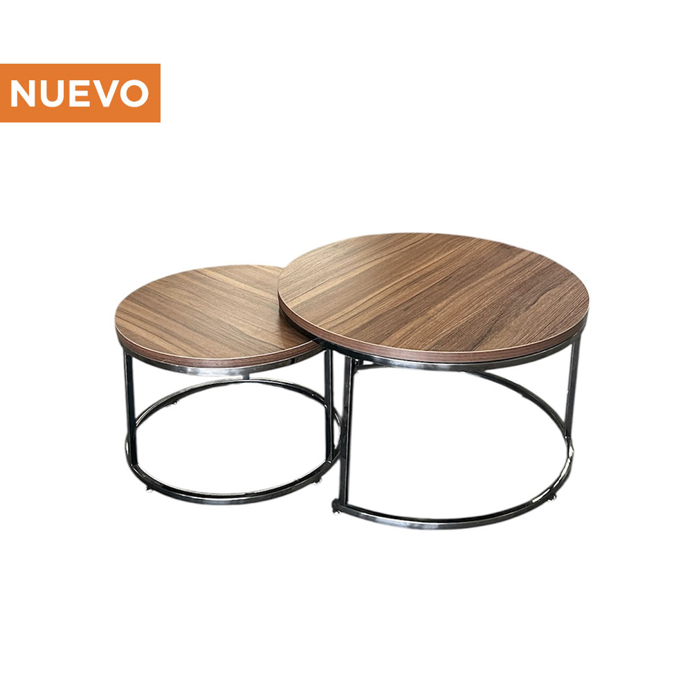 Mesa de Centro Doble Cromada Negra con Cubierta de Madera