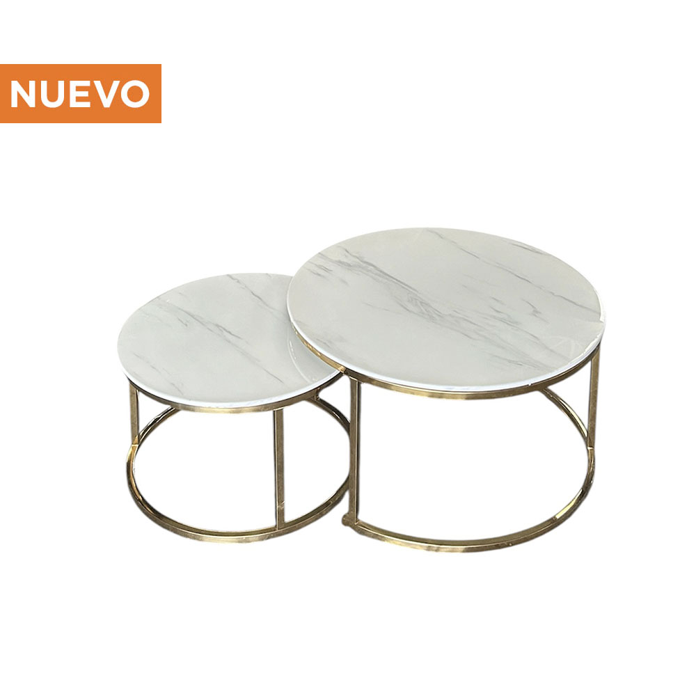 Mesa de Centro Doble Dorada con Cubierta de Mármol Blanca
