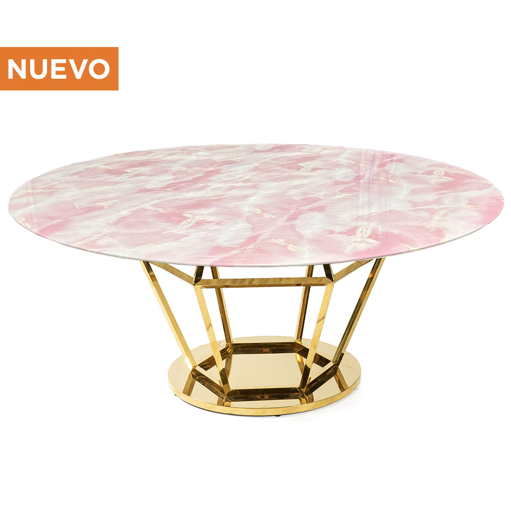 Cubierta Circular de Mármol Rosa Calacatta Con Base Diamante Dorada