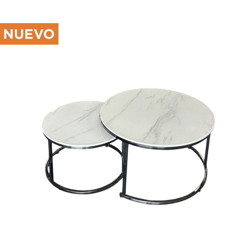 Mesa de Centro Doble Cromada Negra con Cubierta de Mármol Blanco