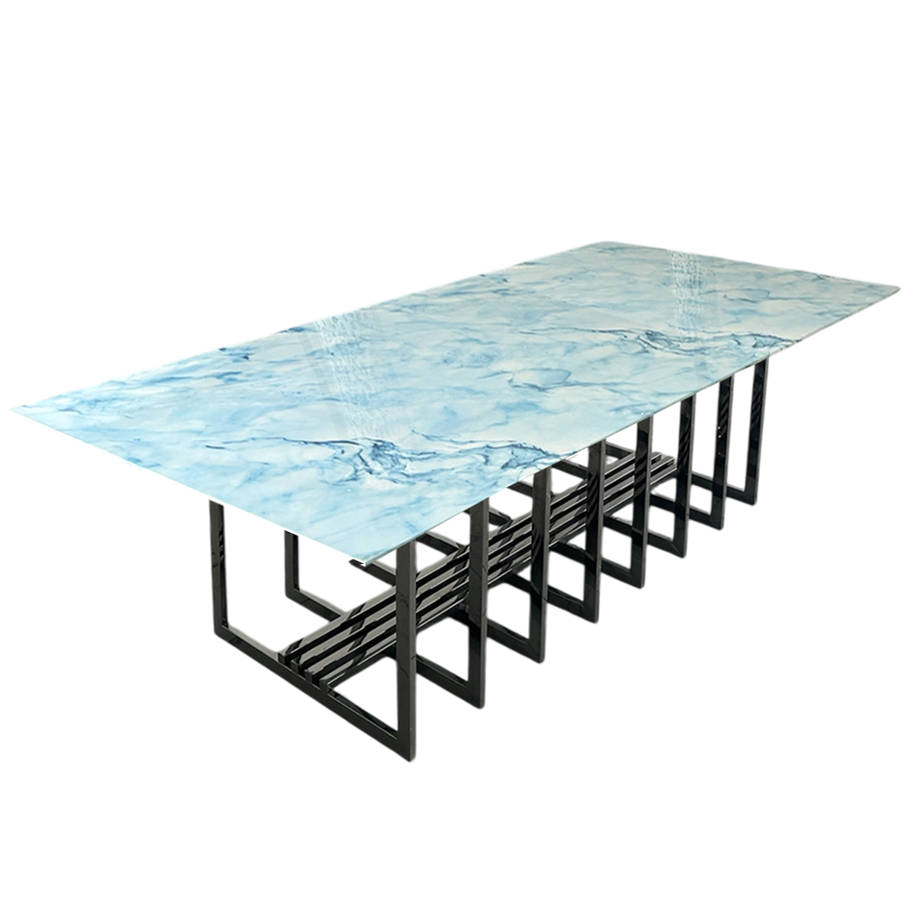Cubierta rectangular tipo mármol azul con base jaula gris oxford