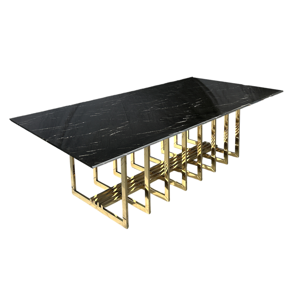Cubierta rectangular de mármol negro con base jaula dorada