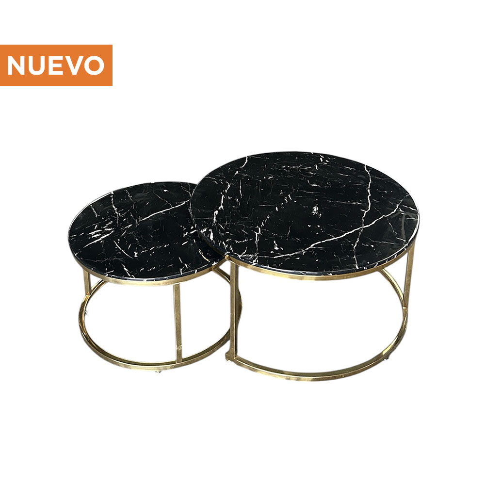 Mesa de Centro Doble Dorada con Cubierta de Mármol Negro