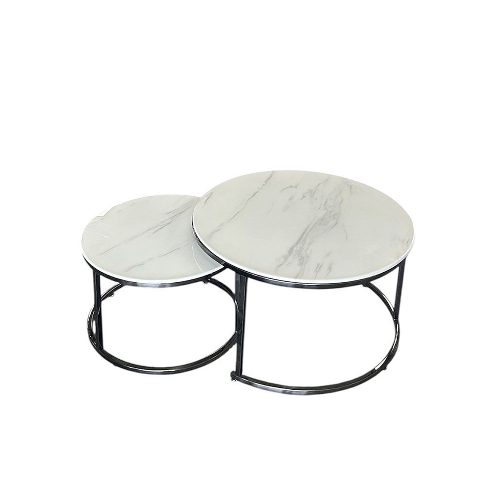 Mesa de Centro Doble Cromada Negra con Cubierta de Mármol Blanco