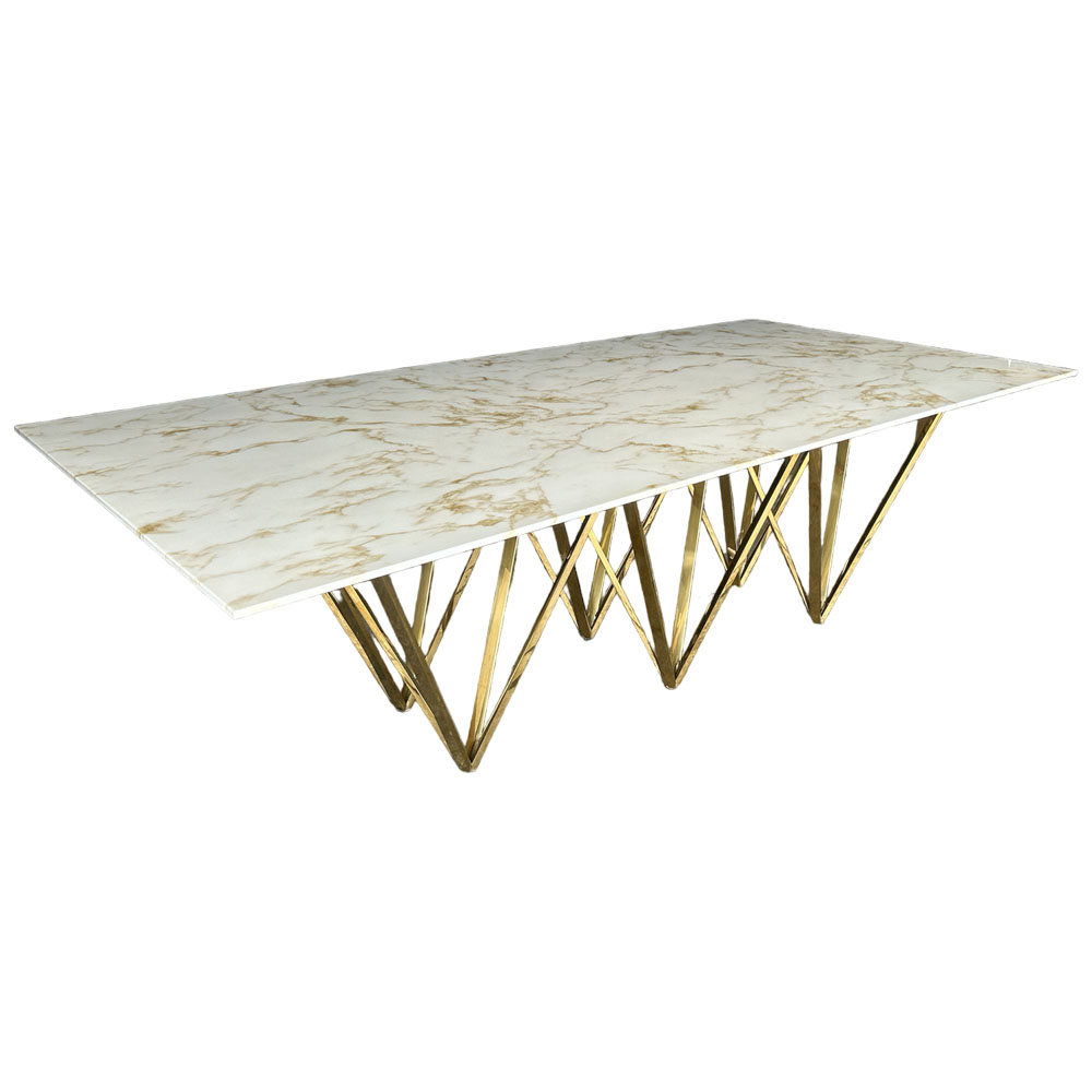 Cubierta rectangular de Cristal Tipo Mármol Calacatta Gold con Base Piramidal Dorada
