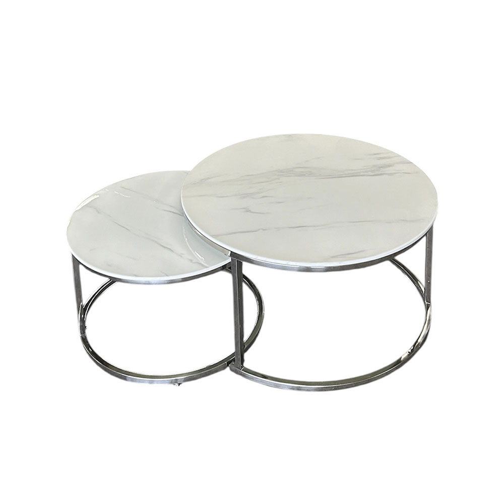 Mesa de Centro Doble Plateada con Cubierta de Mármol Blanco