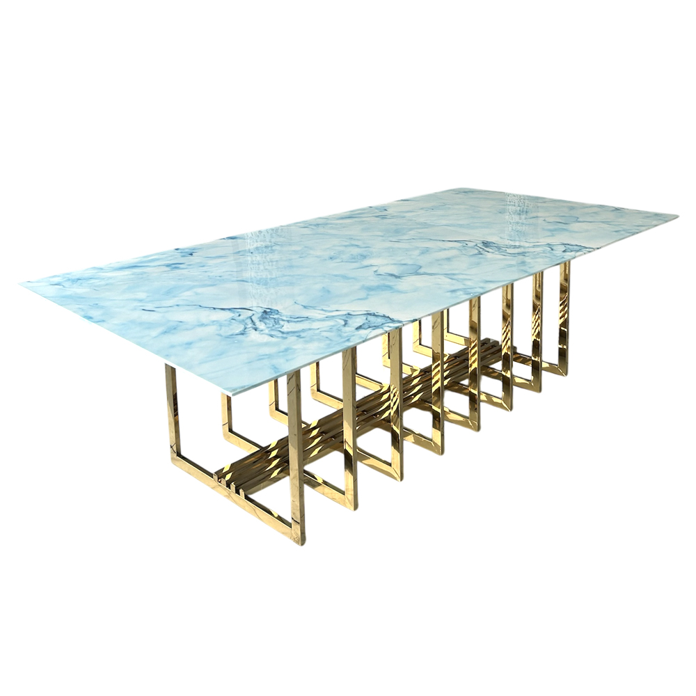 Cubierta rectangular tipo mármol azul con blanco con base jaula dorada