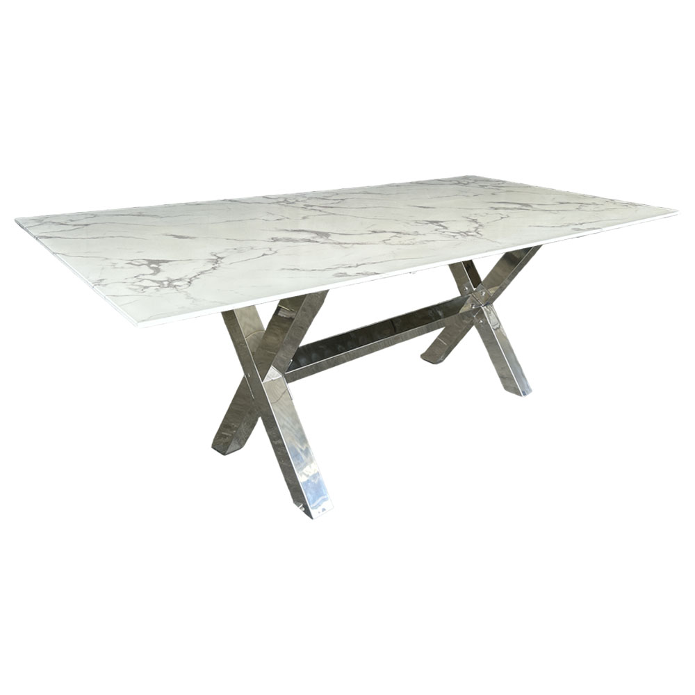 Cubierta rectangular de cristal tipo mármol blanco con base cruceta cromada