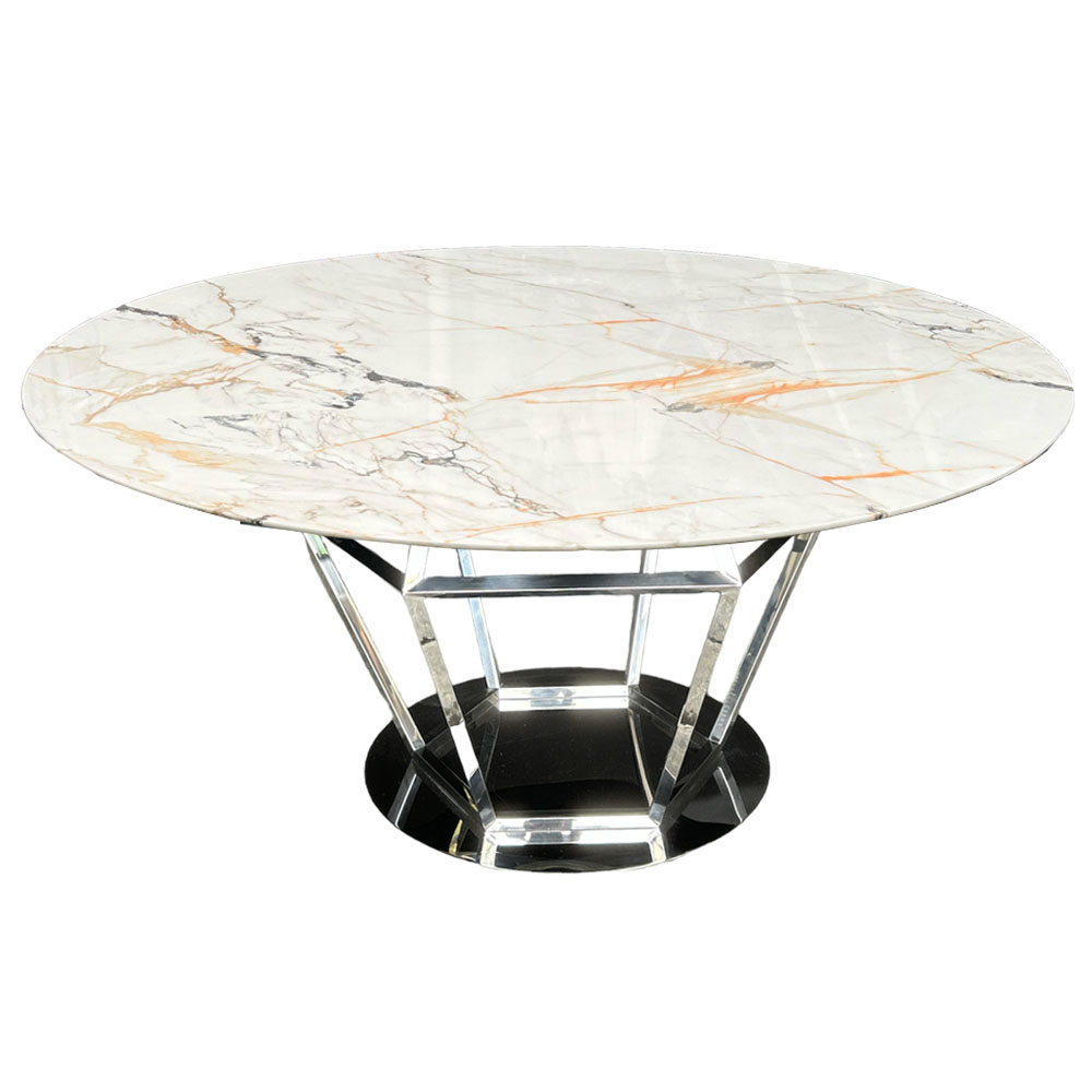 Cubierta circular tipo mármol blanco calacatta gold con base diamante plateada