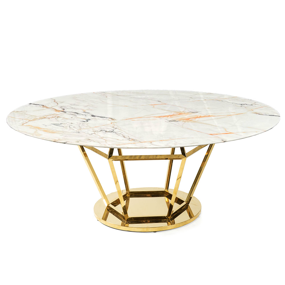 Cubierta circular tipo mármol blanco calacatta gold con base diamante dorada