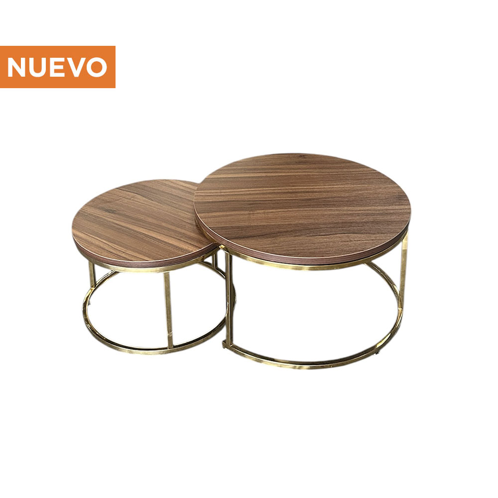 Mesa de Centro Doble Dorada con Cubierta de Madera