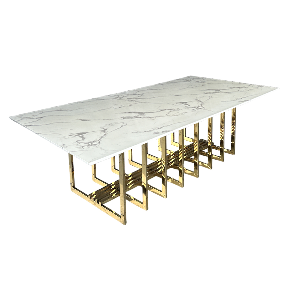 Cubierta rectangular de mármol blanco con base jaula dorada