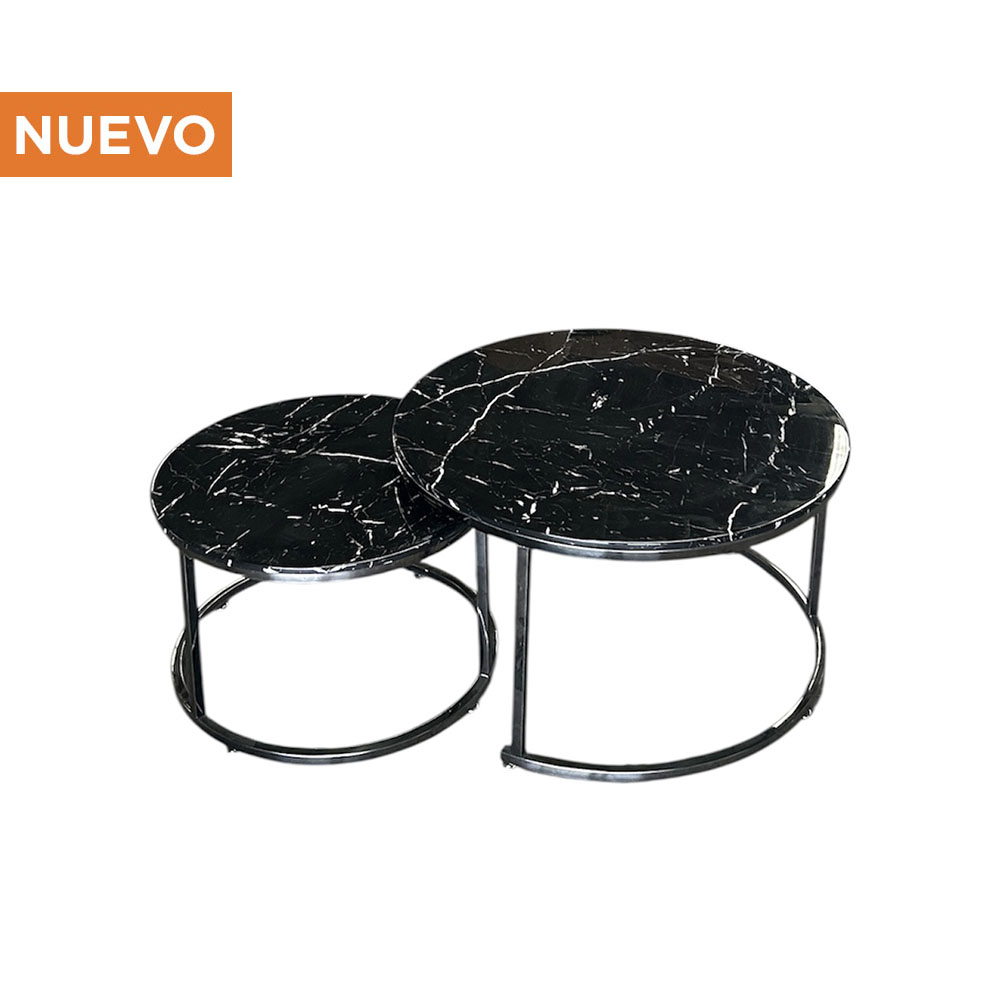 Mesa de Centro Doble Cromada Negra con Cubierta de Mármol Negro